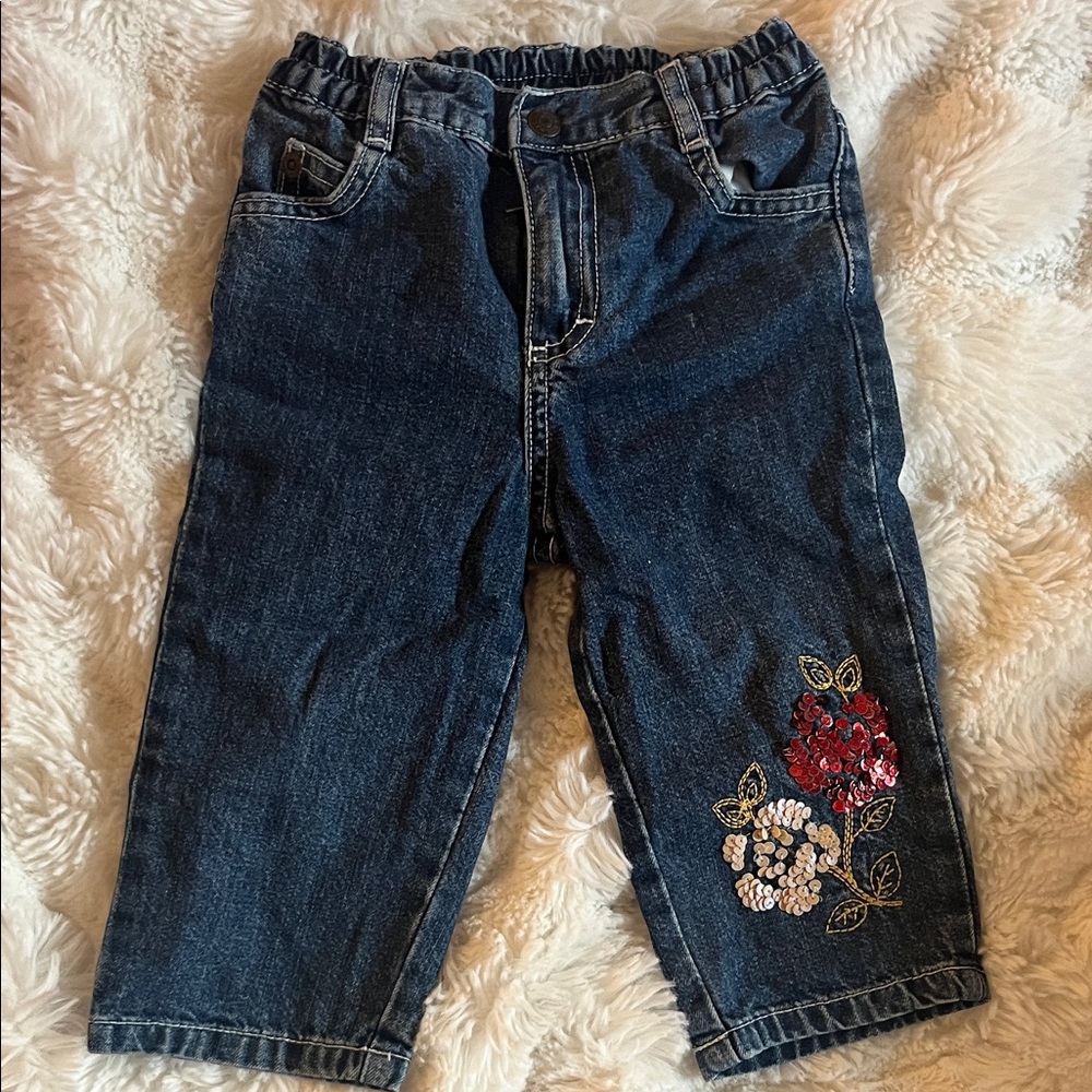 Baby girl's/toddler Blue Denim Jeans with Floral sequined Embroidery